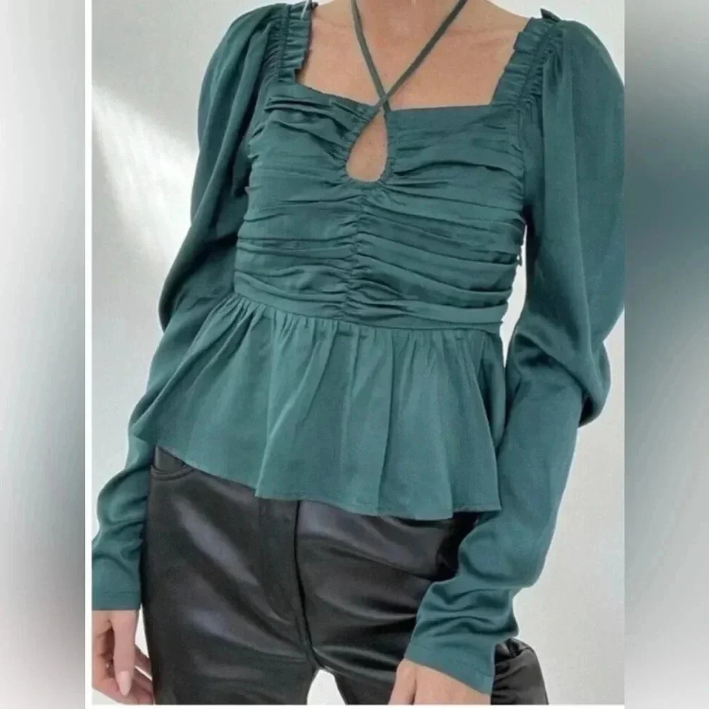 Six/Fifty The Rudy Long Sleeve Ruched Peplum Blouse Top Size Small Women's